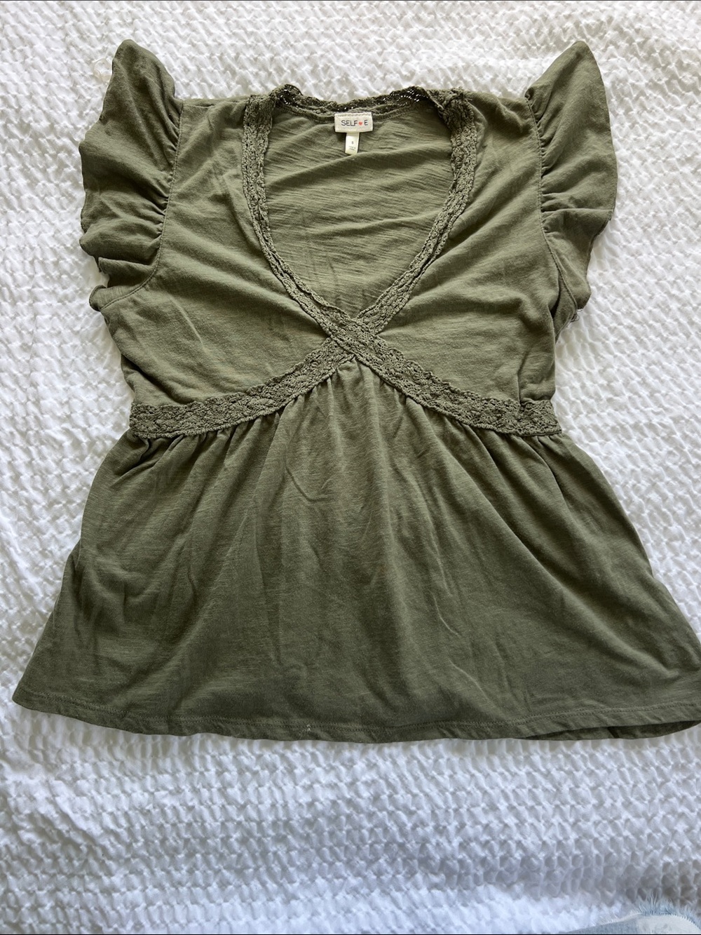 Self E Olive Lace-Trim Flutter Sleeve Tunic*